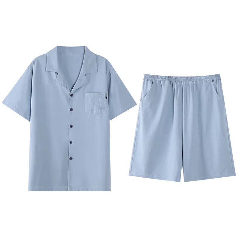 歌倩雅 休闲纯色翻领短袖上衣松紧腰短裤睡衣套装 男款 蓝色