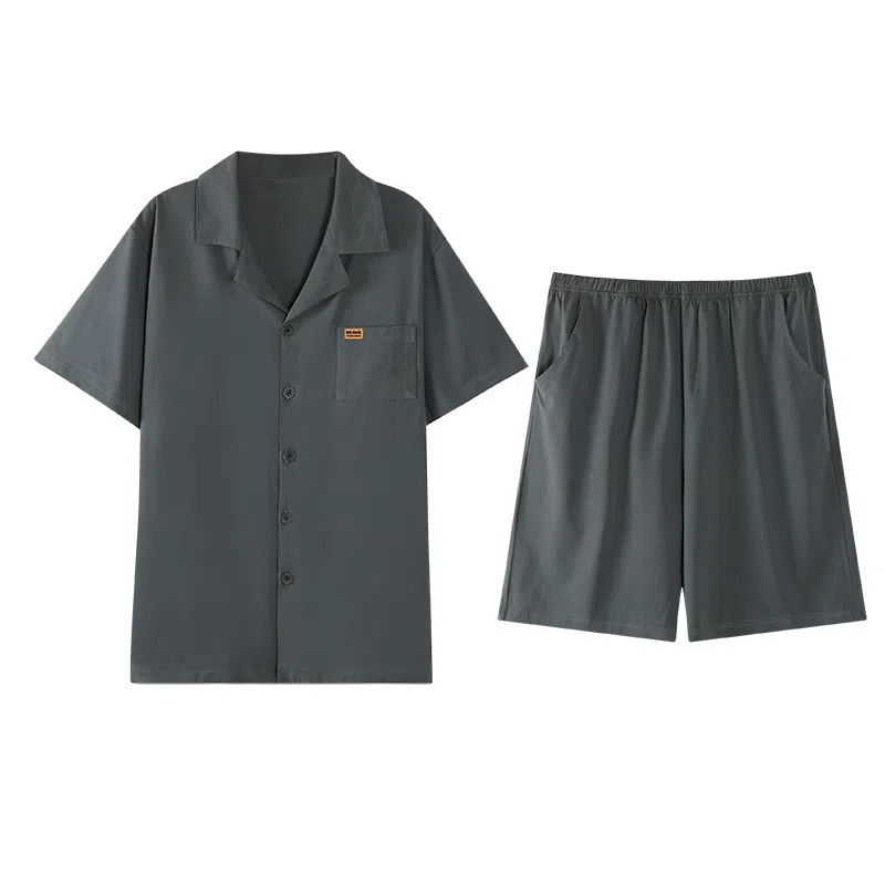 歌倩雅 纯色翻领休闲短袖松紧腰短裤睡衣套装 男款 深灰色