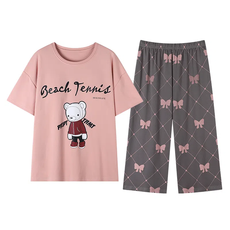 莫代尔 字母小熊印花舒适圆领上衣蝴蝶结七分裤睡衣套装 女款 粉色