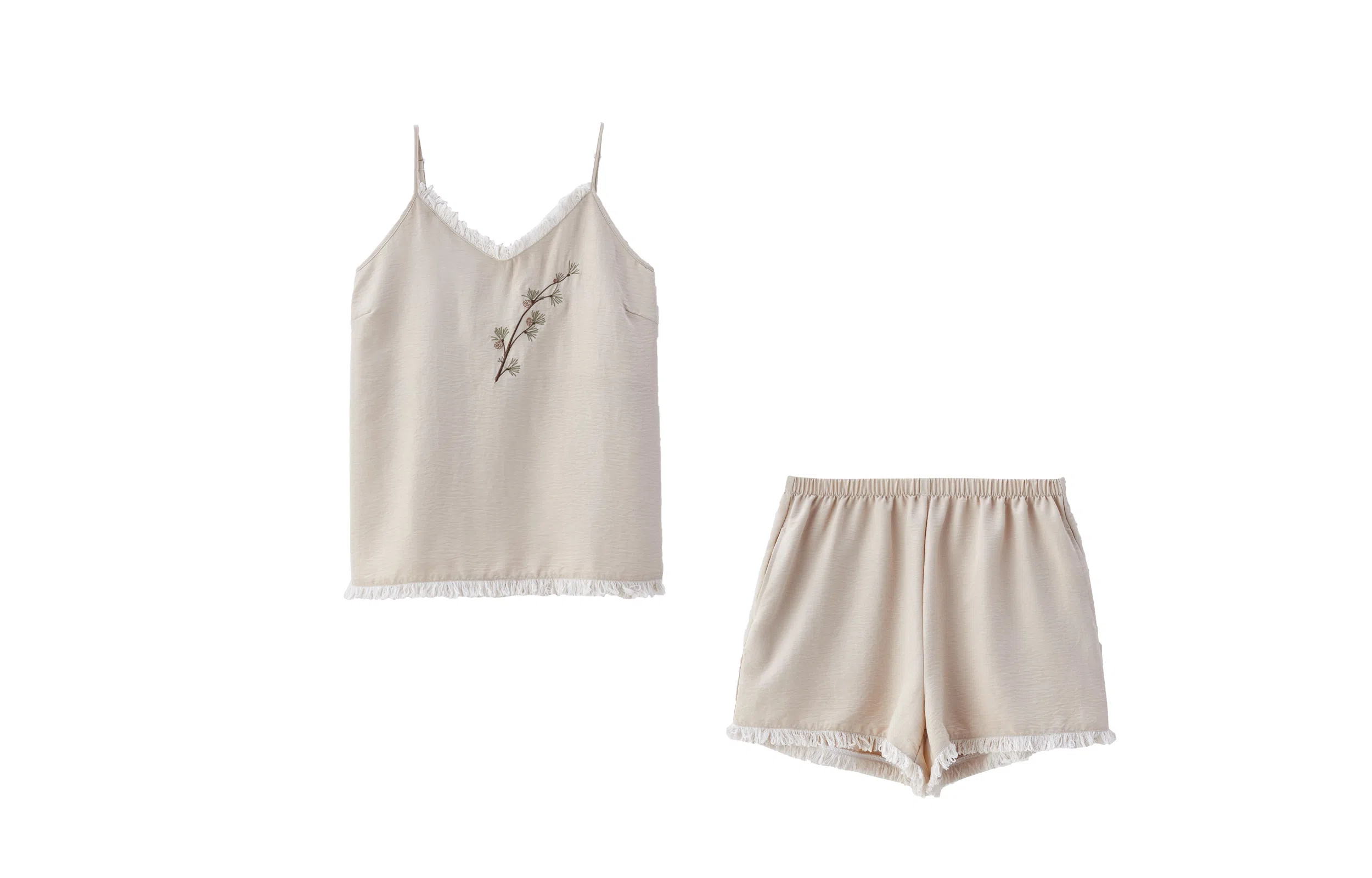 热妒 纯色带胸垫一体刺绣薄款吊带松紧腰短裤睡衣套装 女款 杏色