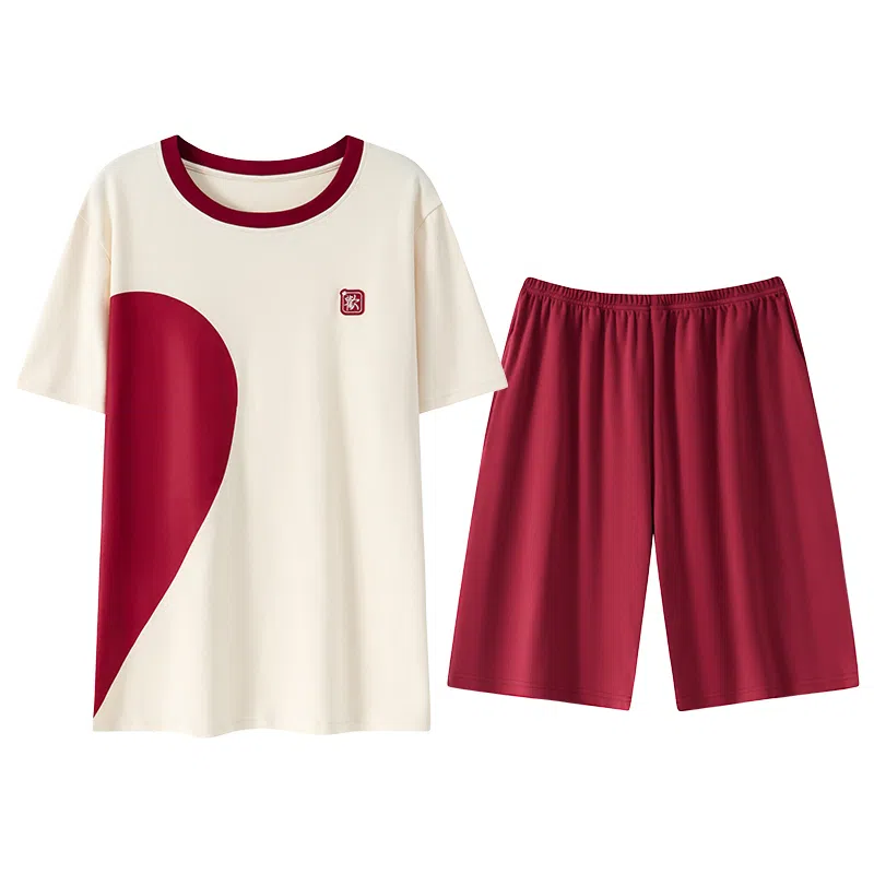 贴身领域 卡通爱心印花短袖上衣透气舒适松紧裤睡衣套装 男款 杏色拼红色
