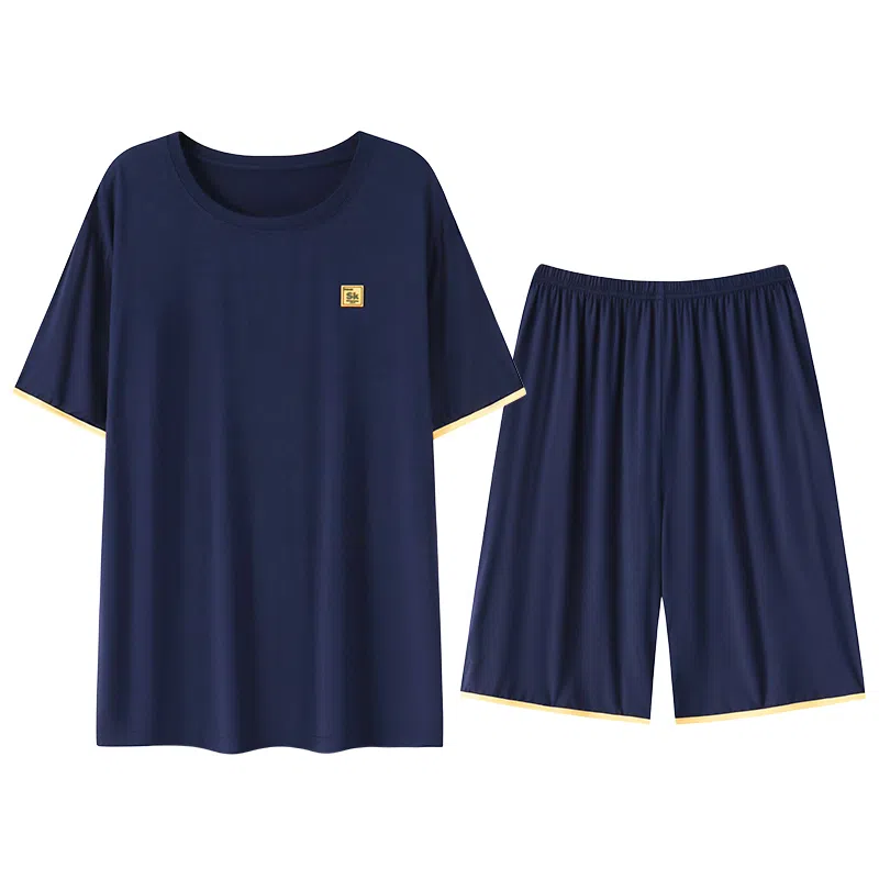 贴身领域 时尚简约纯色印花薄款圆领短袖可外穿家居服休闲短裤睡衣套装 男款 宝蓝