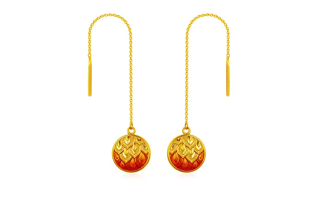 老庙 鸿运升升神韵龙鳞红色珐琅耳饰古法 足金 按克计价 耳环 男女同款情侣款