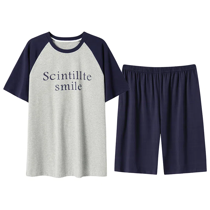 贴身领域 字母印花拼接撞色圆领短袖薄款舒适短裤可外穿家居服睡衣套装 男款 花灰色