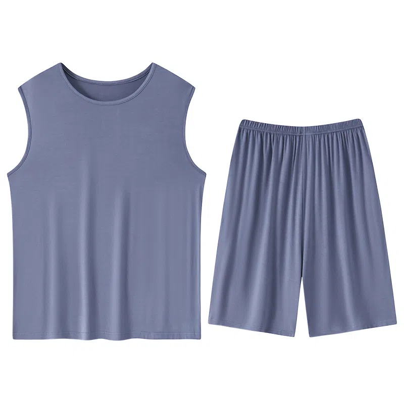 贴身领域 纯色圆领套头无袖睡衣套装 男款 灰蓝