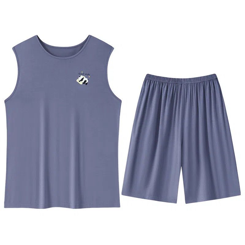 贴身领域 卡通印花圆领可外穿无袖背心松紧腰五分裤薄款柔软亲肤睡衣套装 男款 灰蓝