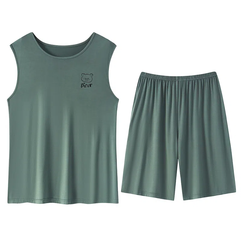 贴身领域 小熊印花圆领套头无袖睡衣套装 男款 树绿