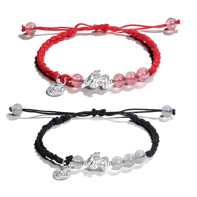 华髻 招财貔貅情侣手链 新中式国潮小众设计黑红编织绳 告白 有礼盒 玛瑙 手链 男女同款情侣款
