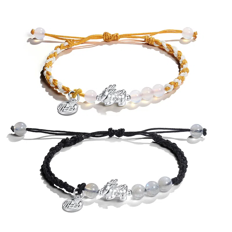 华髻 招财貔貅情侣手链 新中式国潮小众设计黑红编织绳 告白 有礼盒 玛瑙 手链 男女同款情侣款