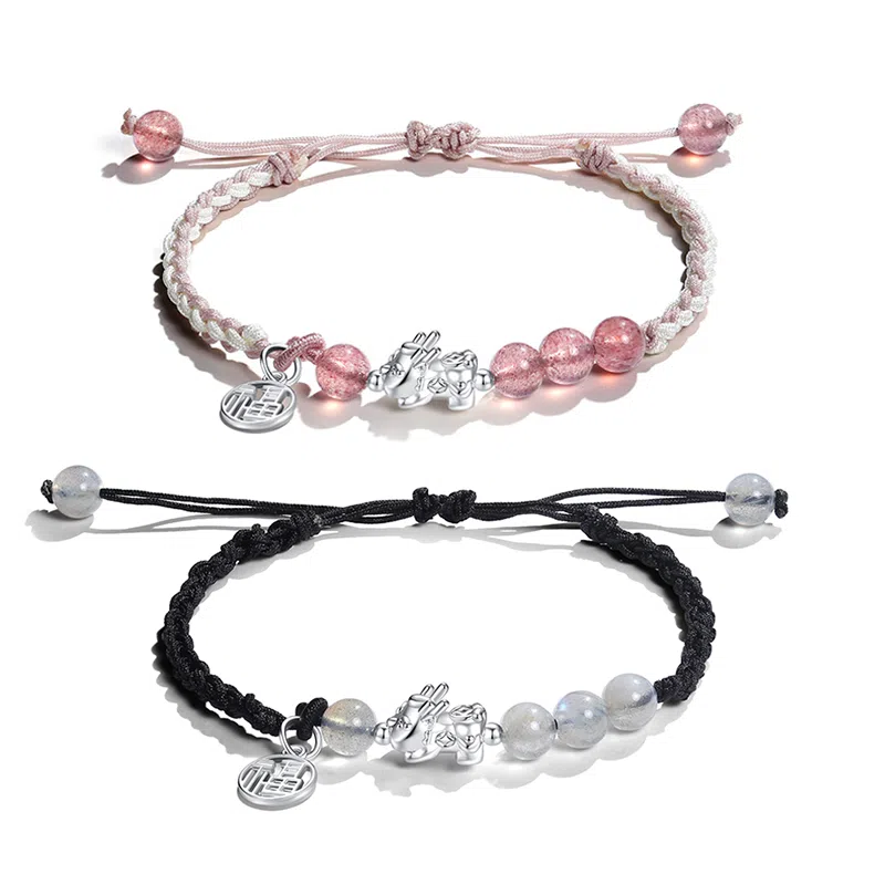 华髻 招财貔貅情侣手链 新中式国潮小众设计黑红编织绳 告白 有礼盒 玛瑙 手链 男女同款情侣款