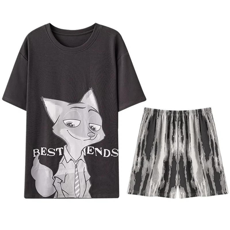 兰缪 卡通字母印花圆领套头短袖短裤睡衣套装 男款 灰色