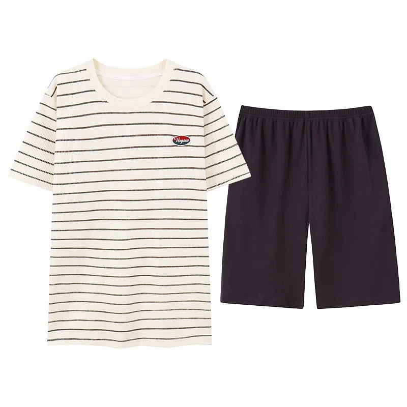 贴身领域 圆领条纹套头短袖睡衣套装 男款 米黄