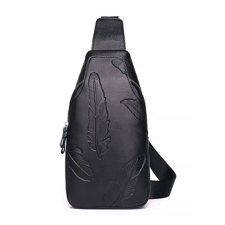 小众原创真皮时尚竖款潮流百搭休闲男包 头层牛皮 胸包单肩斜挎包背包 常规 男款 黑色