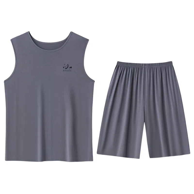 贴身领域 纯色圆领套头无袖睡衣套装 男款 灰色