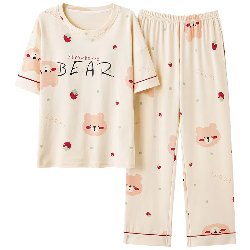 莫代尔 夏季印花图案舒适圆领短袖透气可外穿居家长裤睡衣套装 女款 杏色