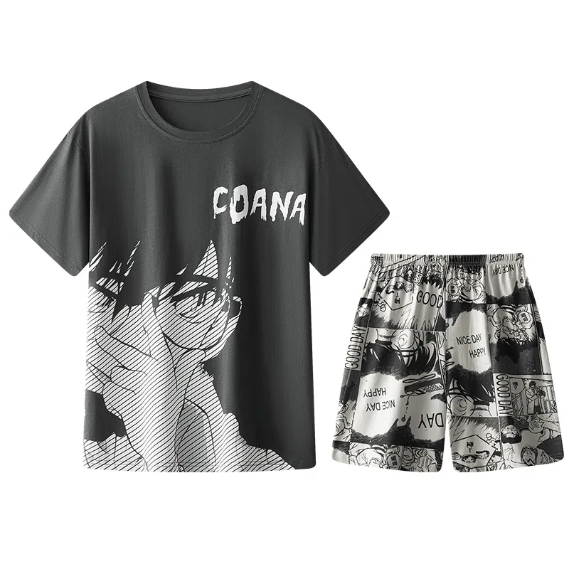 兰缪 卡通字母印花圆领套头短袖睡衣套装 男款 黑色