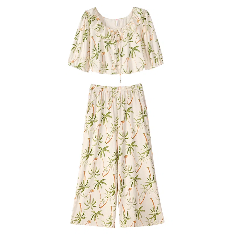 歌倩雅 甜美时尚圆领短袖上衣松紧腰长裤睡衣套装 女款 杏色