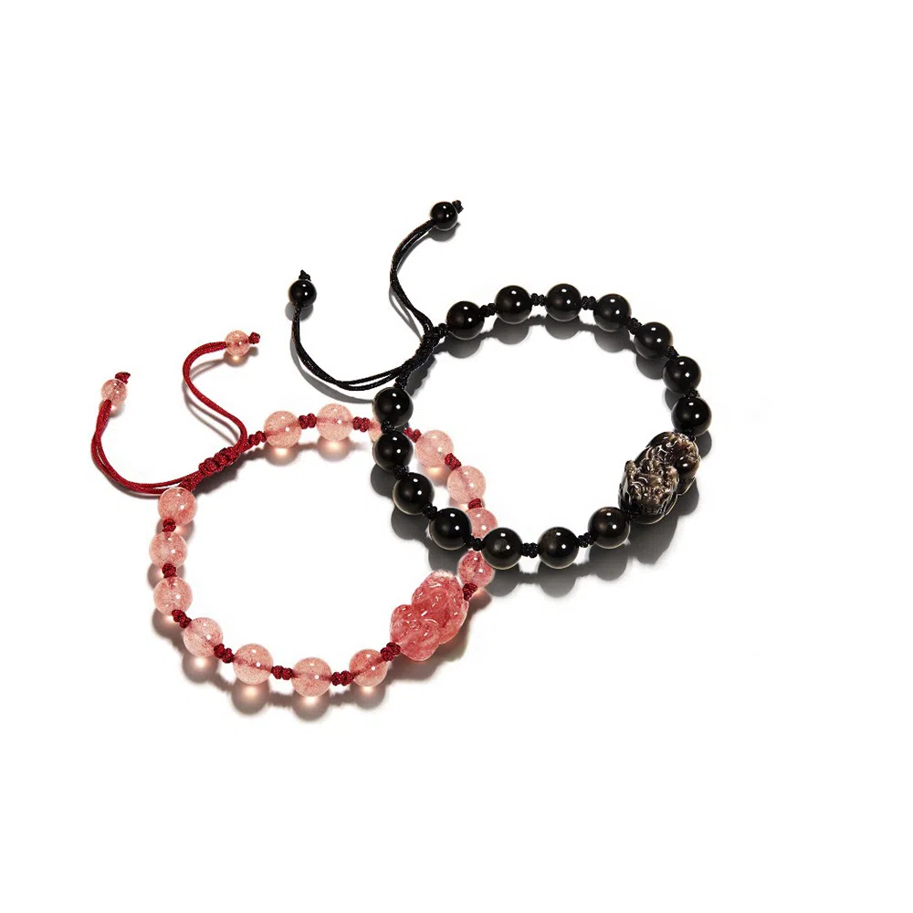 泡泡贝 新中式大气招财纳福创意独特吞金兽轻奢优雅霸气单圈宫廷风抽拉编织绳 黑曜石 玉石手链 男女同款情侣款