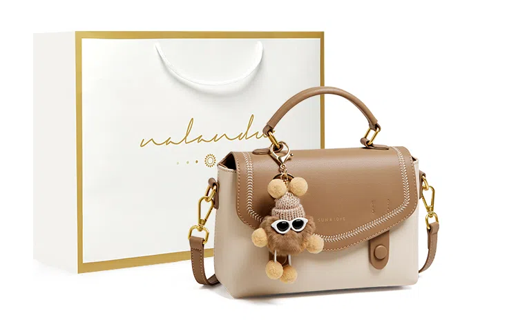 纳兰杜 女包百搭高级感小众品牌通勤休闲潮流实用 牛剖层革拼合成革 手提包斜挎包单肩包 小号 女款 米白拼杏/可可棕