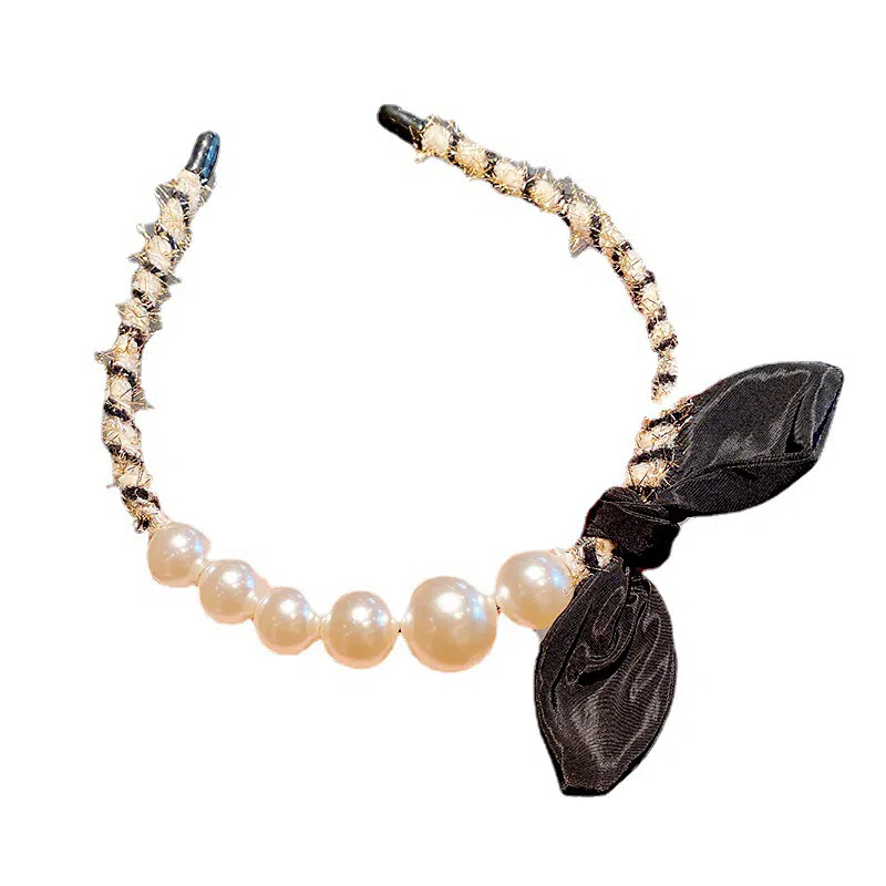 妖娆猫 小香风黑色蝴蝶结珍珠轻奢港风复古高档 发箍 女款