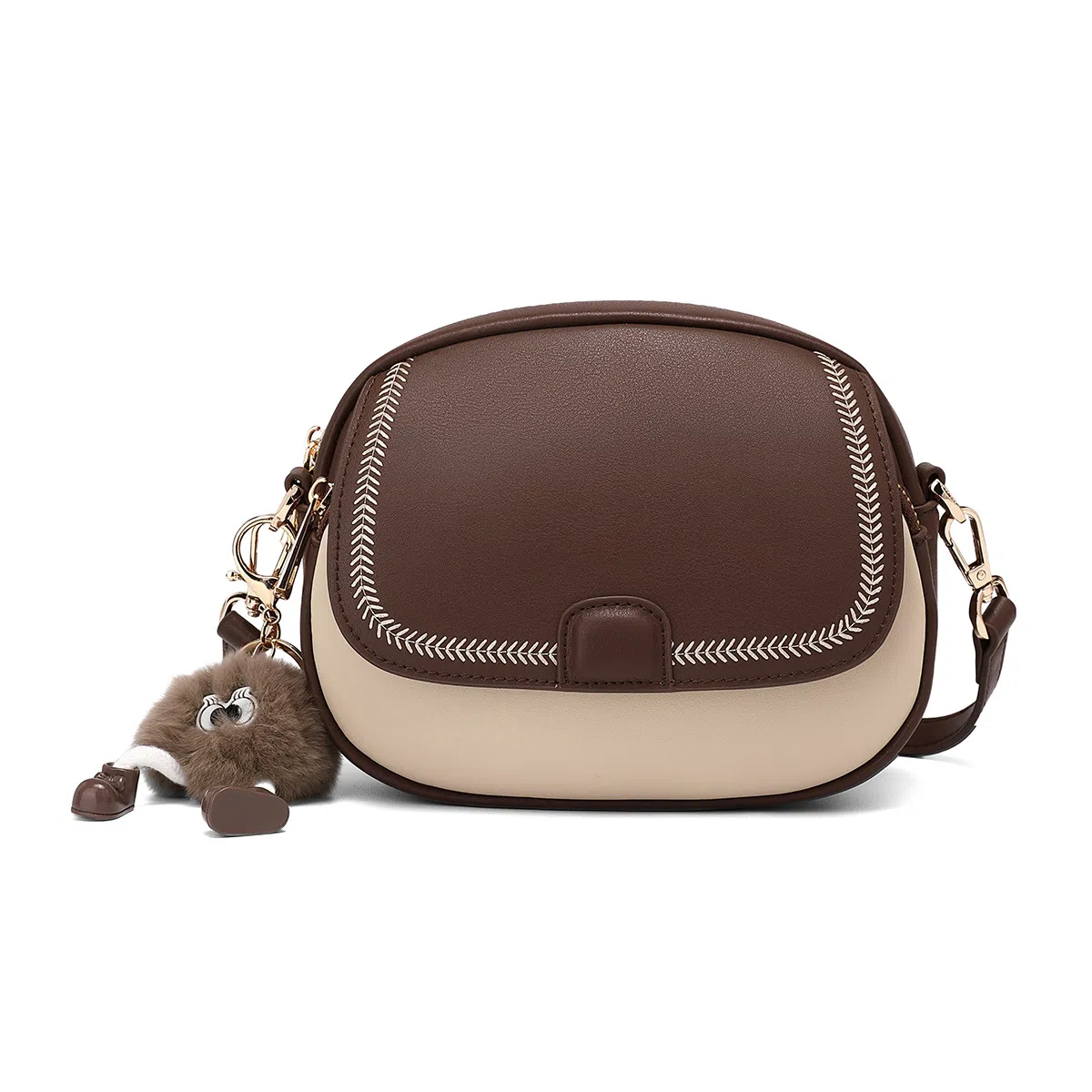 稻草人 拉链开合 牛皮拼合成革 斜挎包 常规 女款 浓巧咖配白/奶茶杏配白