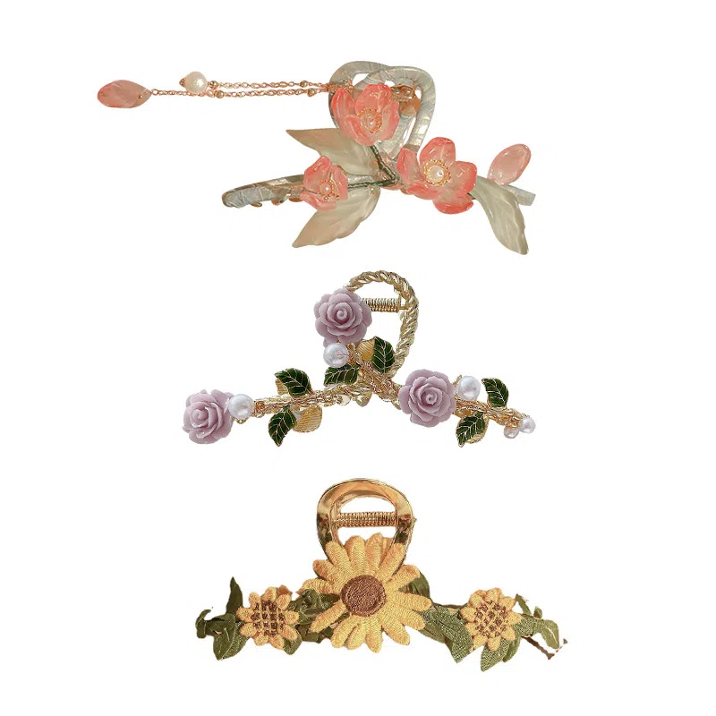 妖娆猫 超仙花朵抓夹套装精致古风后脑勺发卡高级感气质仙美鲨鱼夹发饰三件套 发夹 女款