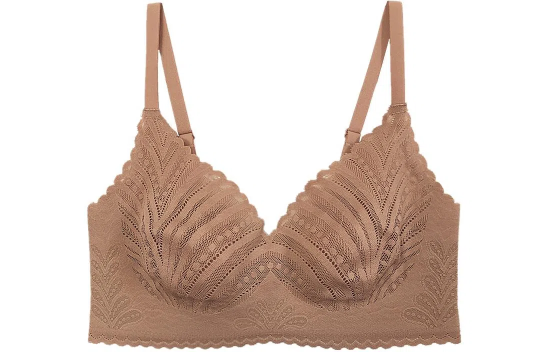 二三二三 纯色透气蕾丝无钢圈大胸显小收副乳防下垂文胸 女款 卡其