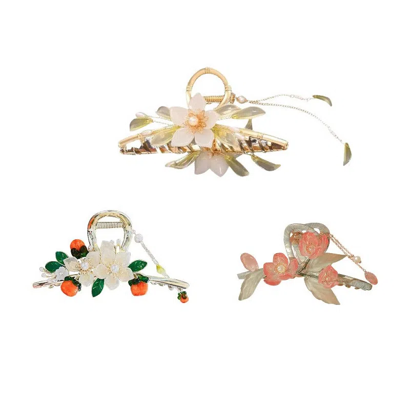 妖娆猫 新中式发柿如意花夹女头饰高端发卡时尚柿朵鲨鱼夹女后脑勺抓夹网红套装礼盒  发饰 女款 浪漫惊喜礼品实用