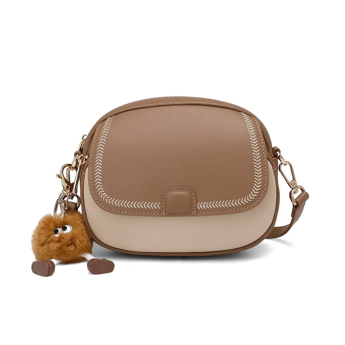 稻草人 拉链开合 牛皮拼合成革 斜挎包 常规 女款 浓巧咖配白/奶茶杏配白