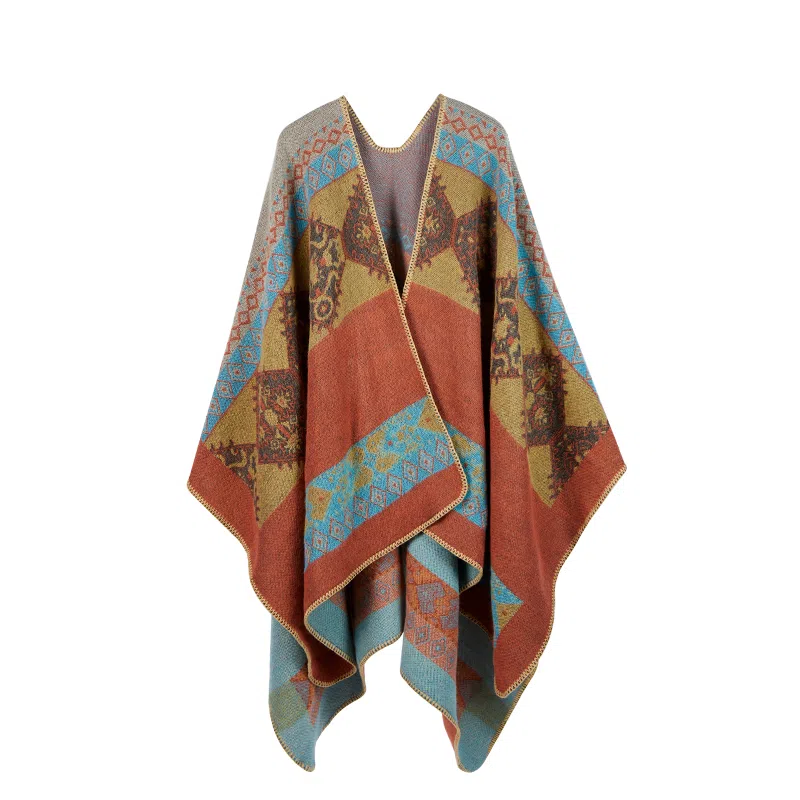 纳兰杜 异域民族风拼色旅行旅游配饰穿搭高级感斗篷 披肩 女款 卡其色菱格