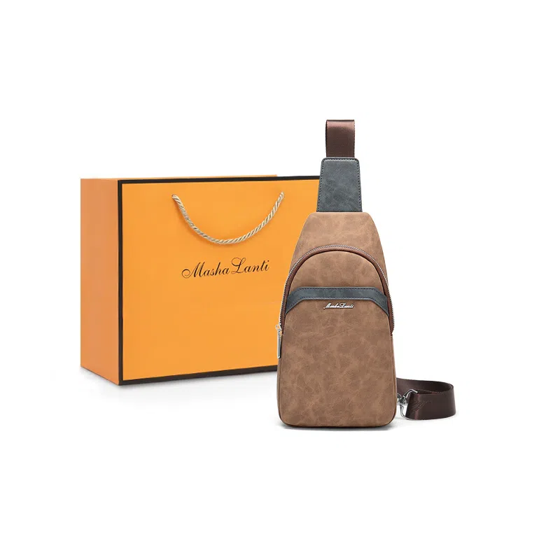 马莎兰缇 复古撞色潮流简约休闲商务大容量通勤包 合成革 单肩包斜挎包胸包 中号 男款 啡配灰