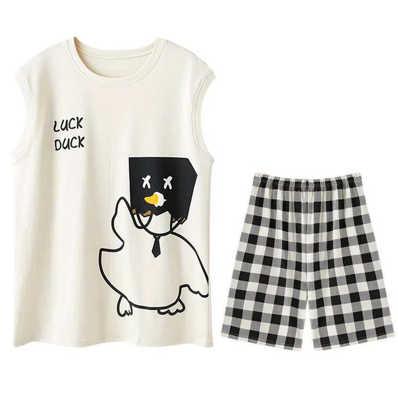 兰缪 撞色圆领无袖背心中腰裤子睡衣套装 男款 灰色