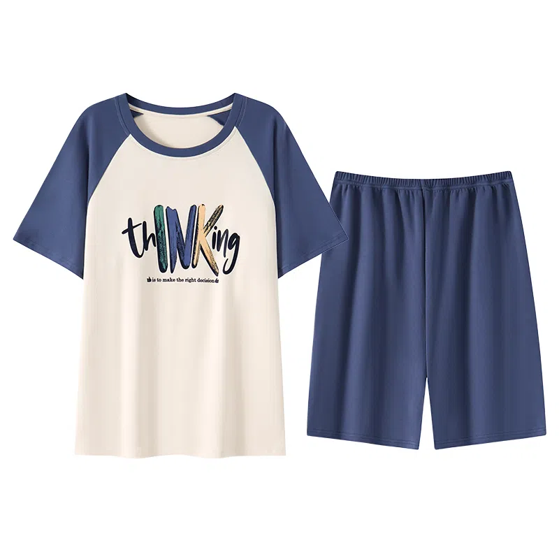 贴身领域 夏季 卡通拼接撞色短袖薄款舒适五分裤睡衣套装 男款 杏色