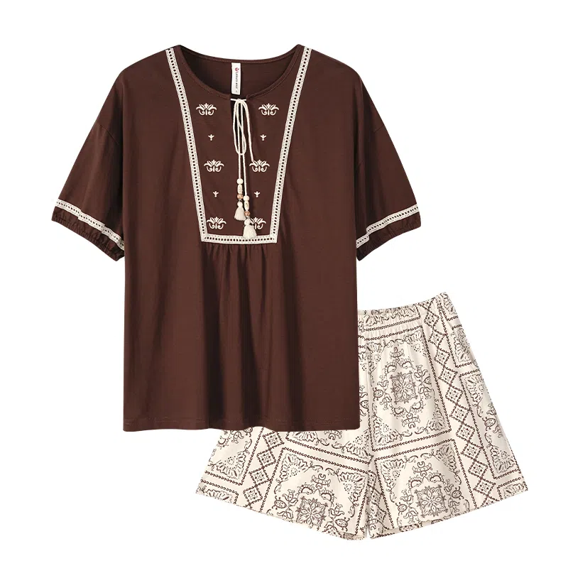 歌倩雅 纯棉薄款短袖舒适休闲短裤睡衣套装 女款 深棕色