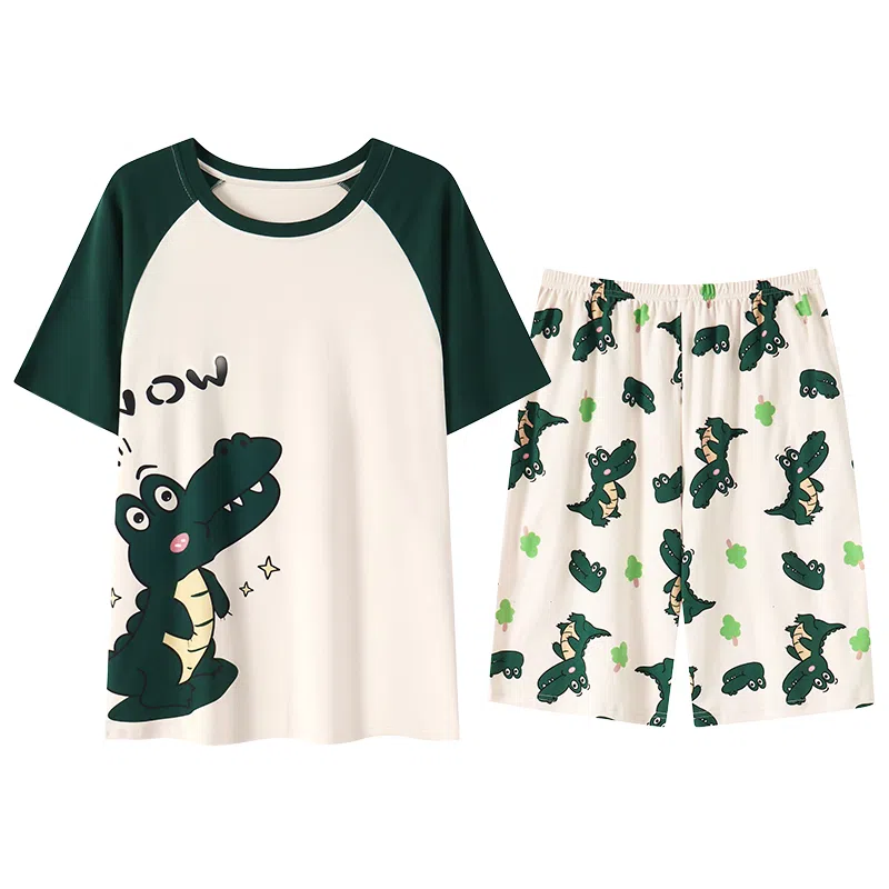 贴身领域 拼接撞色纯棉短袖薄款舒适短裤睡衣套装 男款 浅杏色