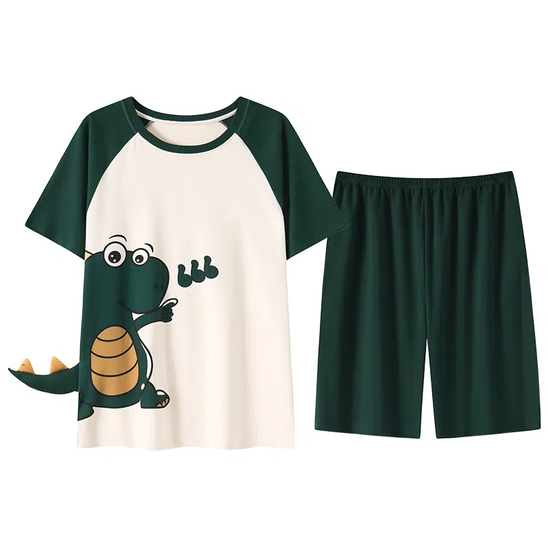 贴身领域 卡通印花拼接撞色圆领纯棉短袖薄款潮宽松舒适睡衣套装 男款 深绿