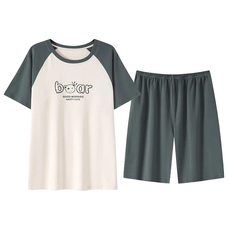 贴身领域 字母印花拼接撞色圆领短袖薄款潮宽松舒适上衣松紧腰五分裤可外穿睡衣套装 男款 绿色