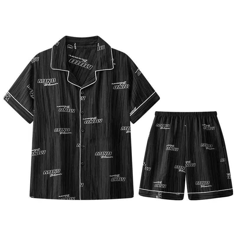 兰缪 简约亲肤舒适柔软透气翻领开衫短袖青少年休闲家居服可外穿短裤睡衣套装 男款 黑色