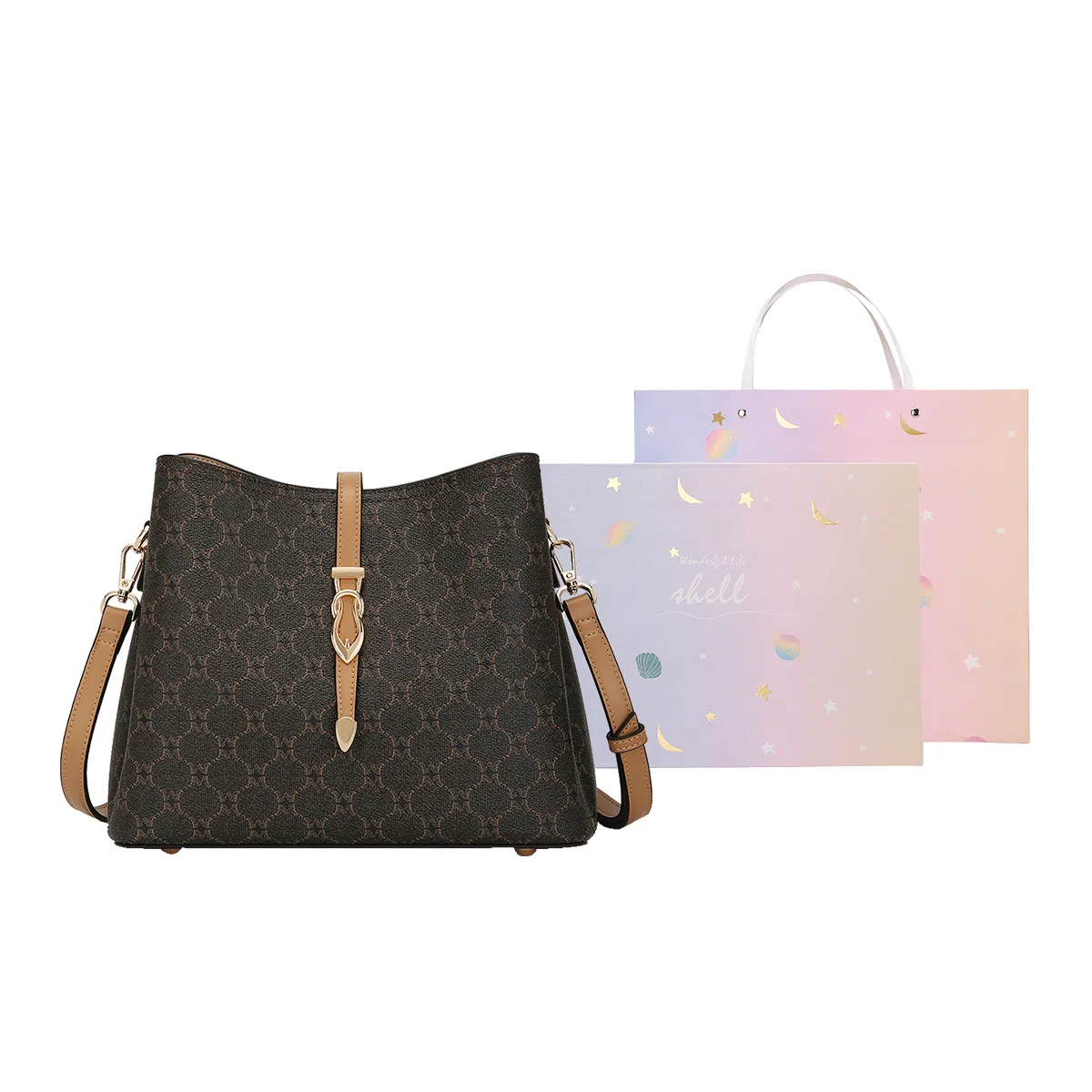 稻草人 经典老花纹印花可调节肩带 聚氨酯 水桶包单肩包斜挎包 常规 女款 深棕色/卡其