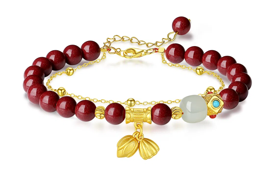 福茹记 福运莲莲新中式国潮莲蓬两世合欢双层叠戴好运连连本命年转运珠平安纳福小众百搭款可调节 再造辰砂朱砂 手串 女款 礼盒装