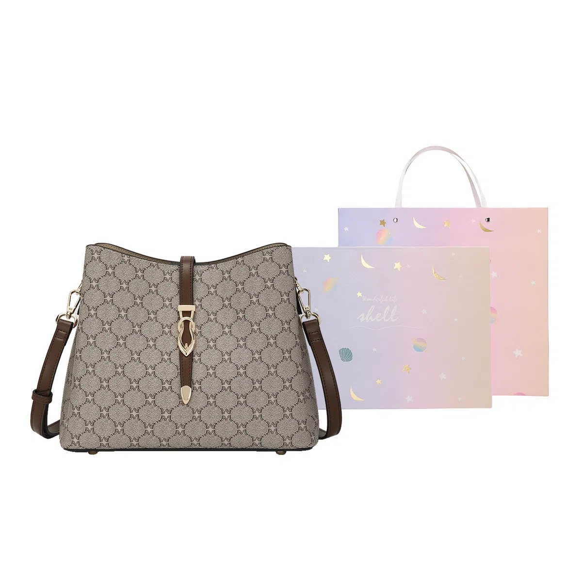 稻草人 经典老花纹印花可调节肩带 聚氨酯 水桶包单肩包斜挎包 常规 女款 深棕色/卡其