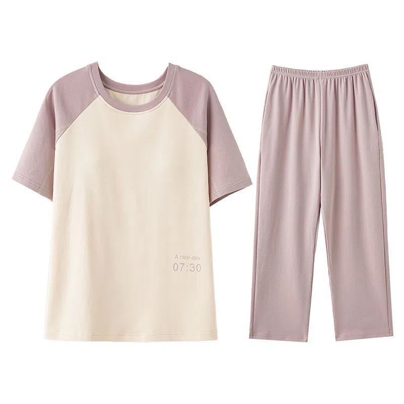 欧迪芬 圆领套头舒适短袖松紧长裤睡衣套装 女款 杏色