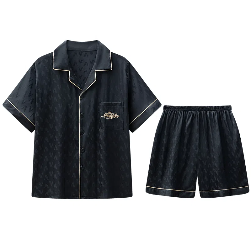 兰缪 简约凉感休闲可外穿短袖翻领上衣松紧腰短裤睡衣套装 男款 高级黑