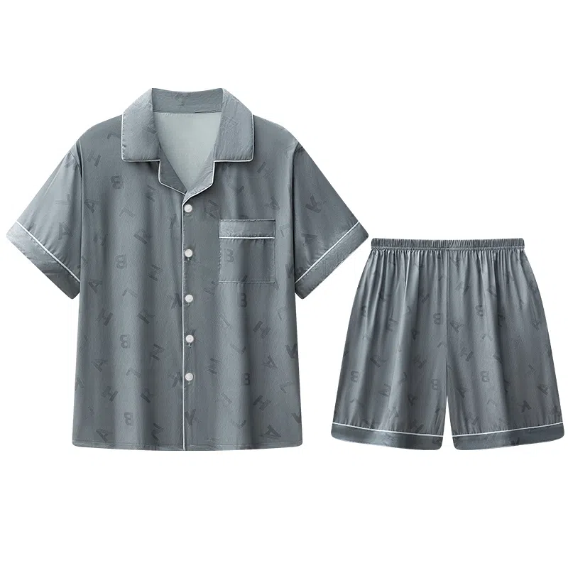 兰缪 简约凉感休闲可外穿短袖翻领上衣松紧腰短裤睡衣套装 男款 高级黑