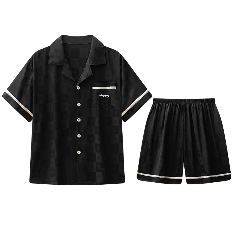 兰缪 简约凉感休闲可外穿短袖翻领上衣松紧腰短裤睡衣套装 男款 高级黑