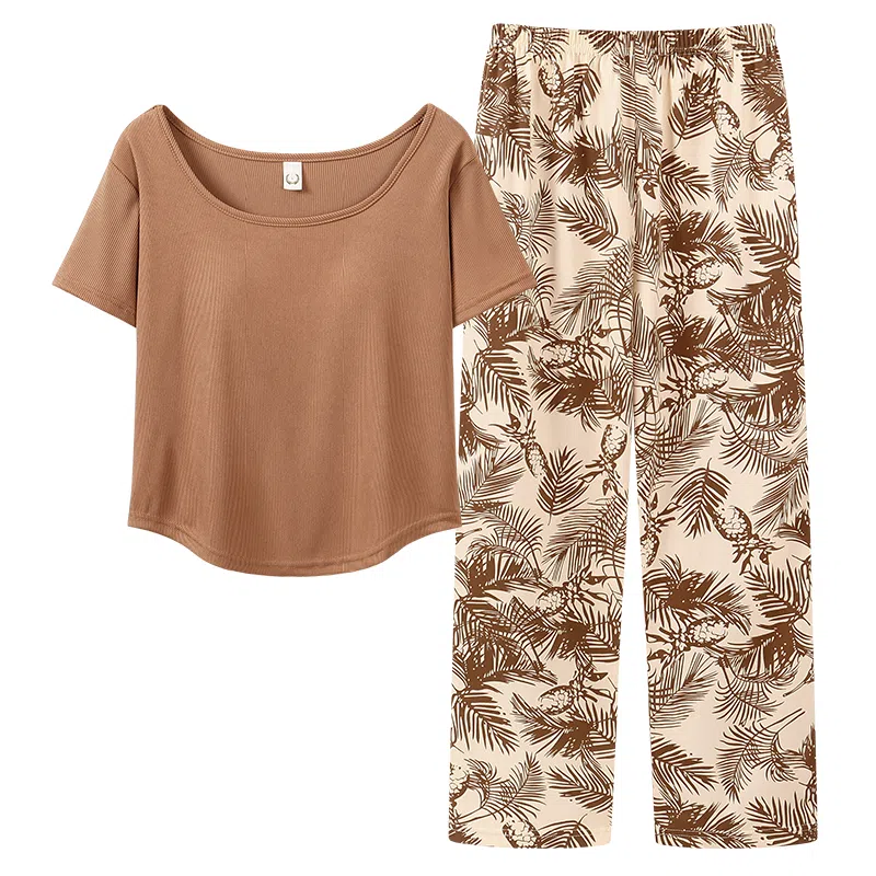 莫代尔 带胸垫防凸点印花短袖舒适透气亲肤长裤可外穿睡衣套装 女款 浅棕色