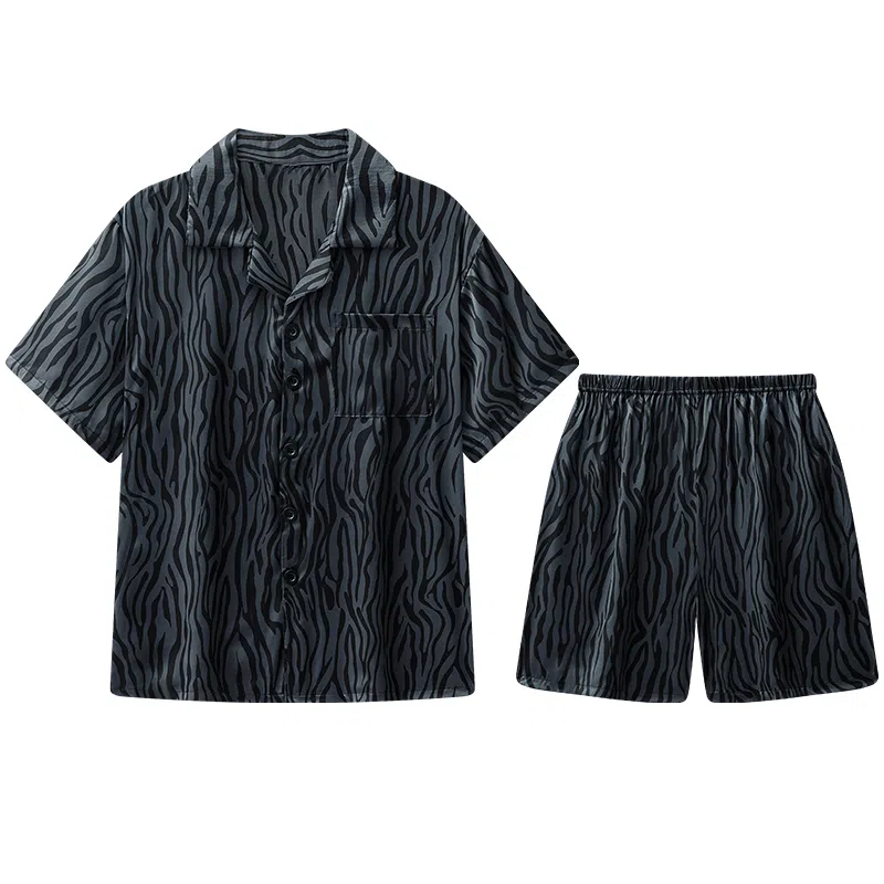 兰缪 简约凉感休闲可外穿短袖翻领上衣松紧腰短裤睡衣套装 男款 高级黑