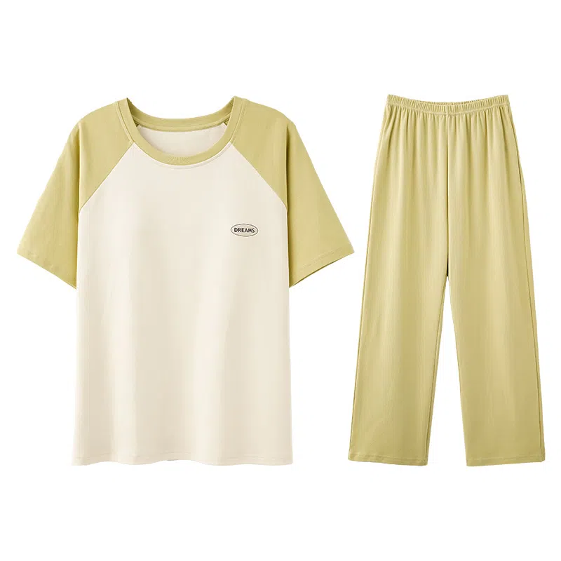 欧迪芬 纯棉自带胸垫圆领套头舒适短袖松紧长裤睡衣套装 女款 黄色