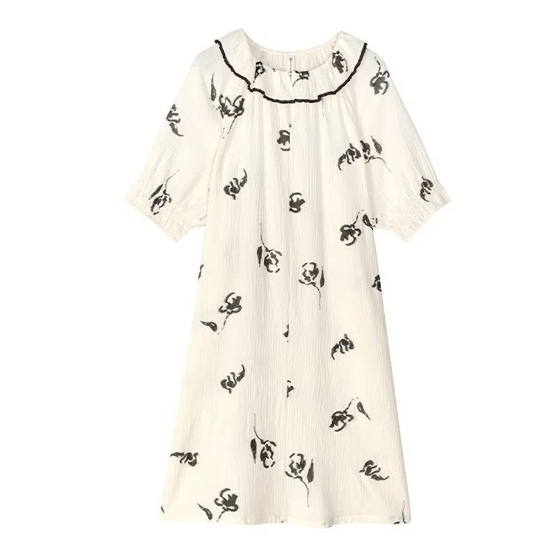 歌倩雅 凉感时尚印花长款圆领短袖睡裙 女款 米色