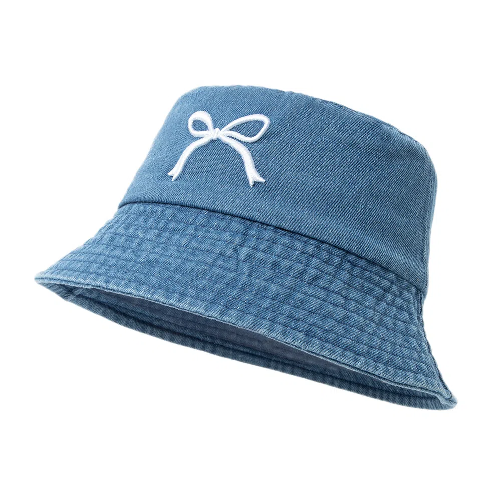 白卷 夏季遮阳百搭牛仔蝴蝶结刺绣 棉 渔夫帽 男女同款情侣款